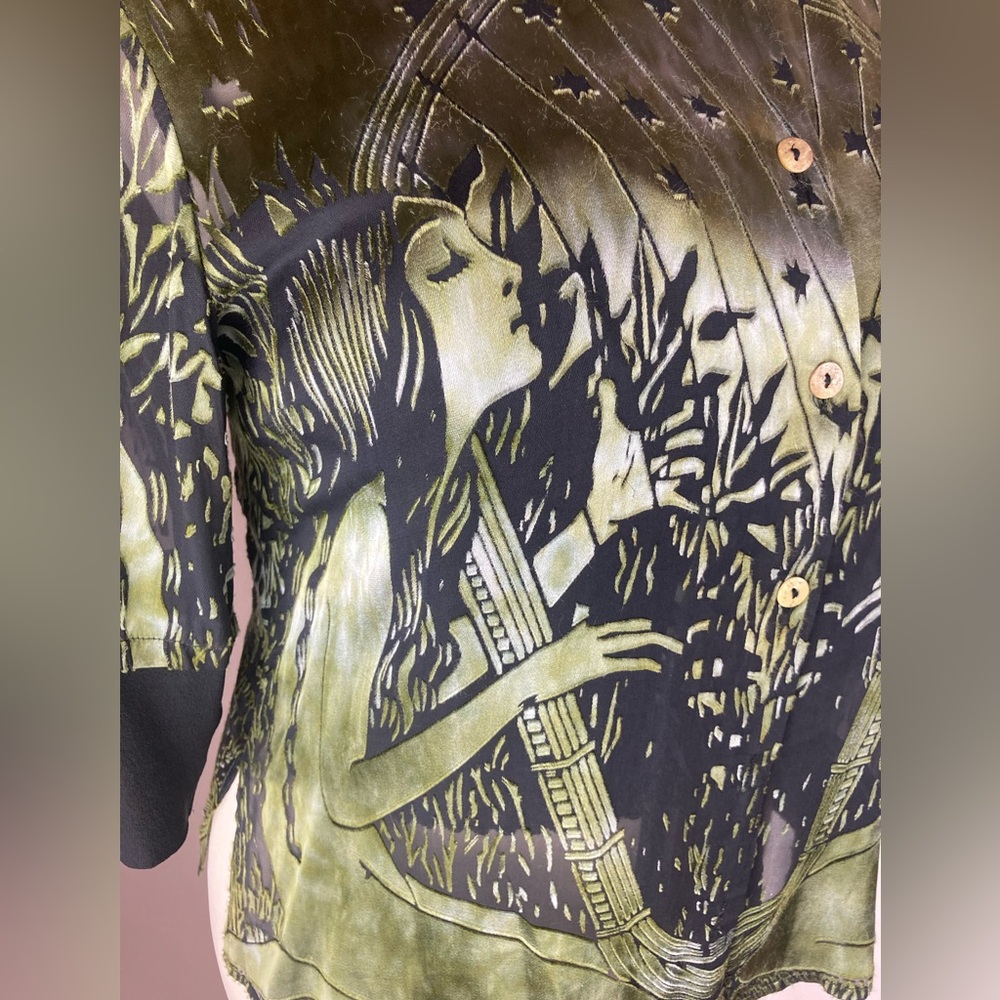 Gorgeous Green Citron Silk and Rayon Sheer Goddess Blouse - Medium - Picture 15 of 16